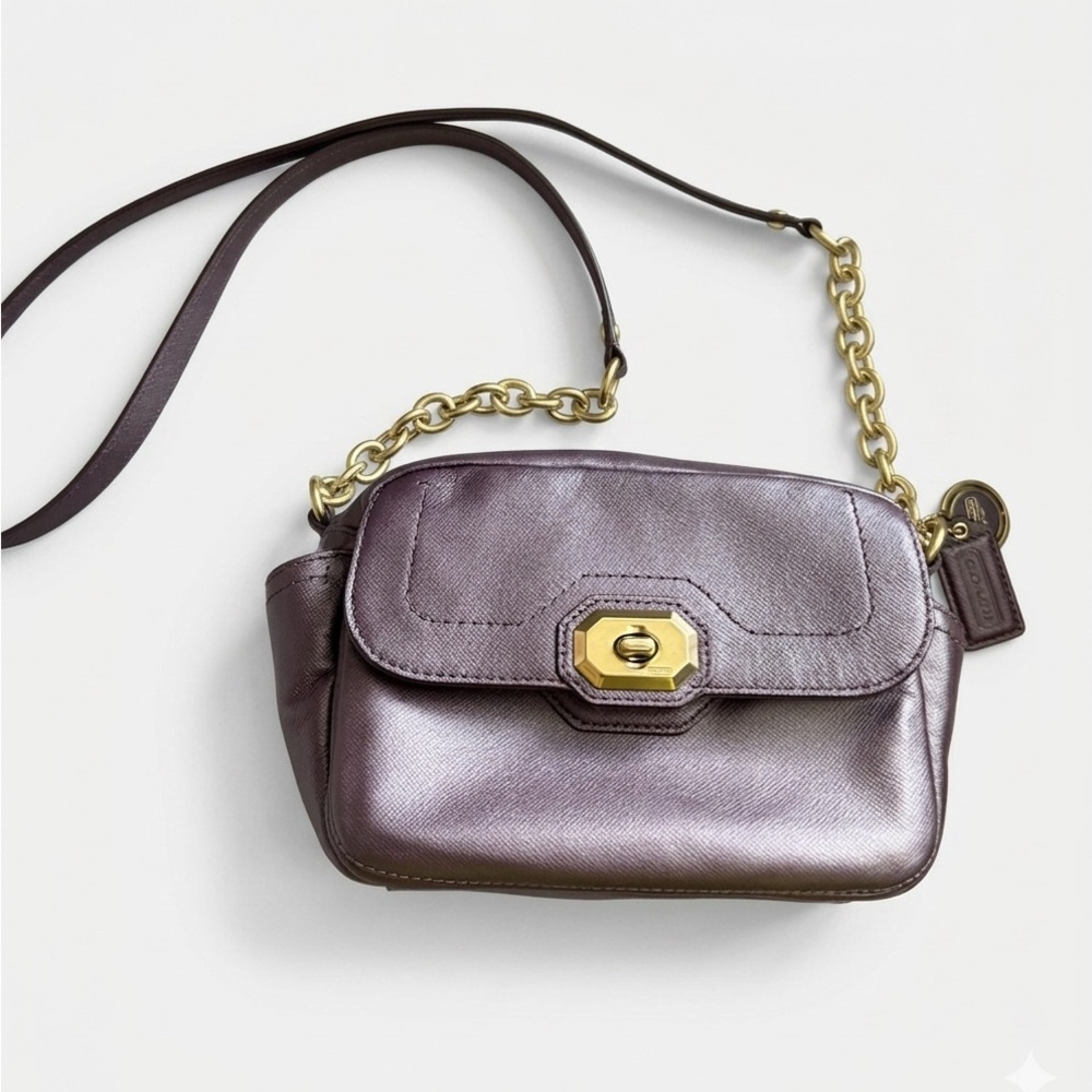 Coach Campbell Turnlock Leather Camera Bag Metallic Purple